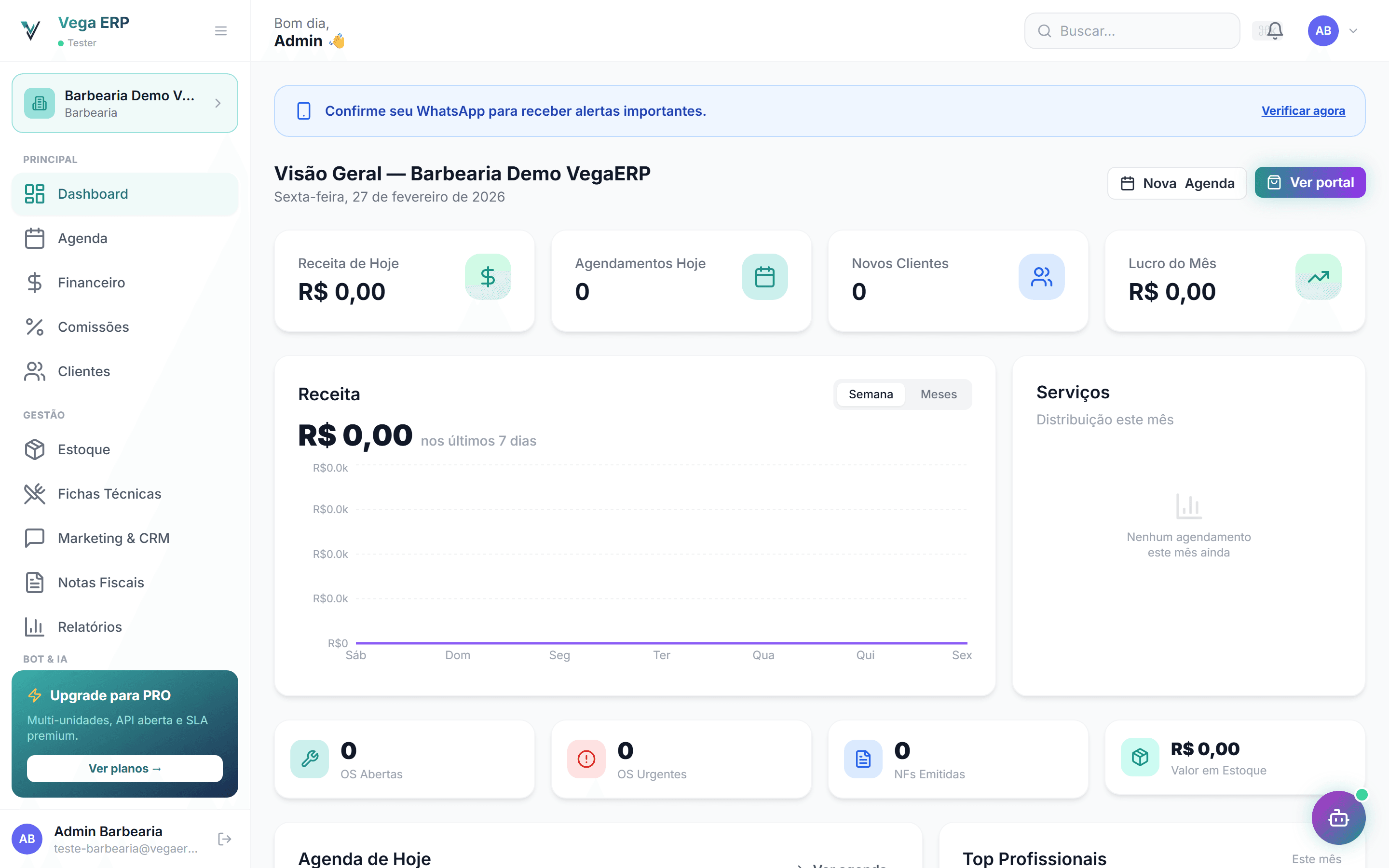 Dashboard VegaERP — Painel de gestão com agenda, financeiro e relatórios